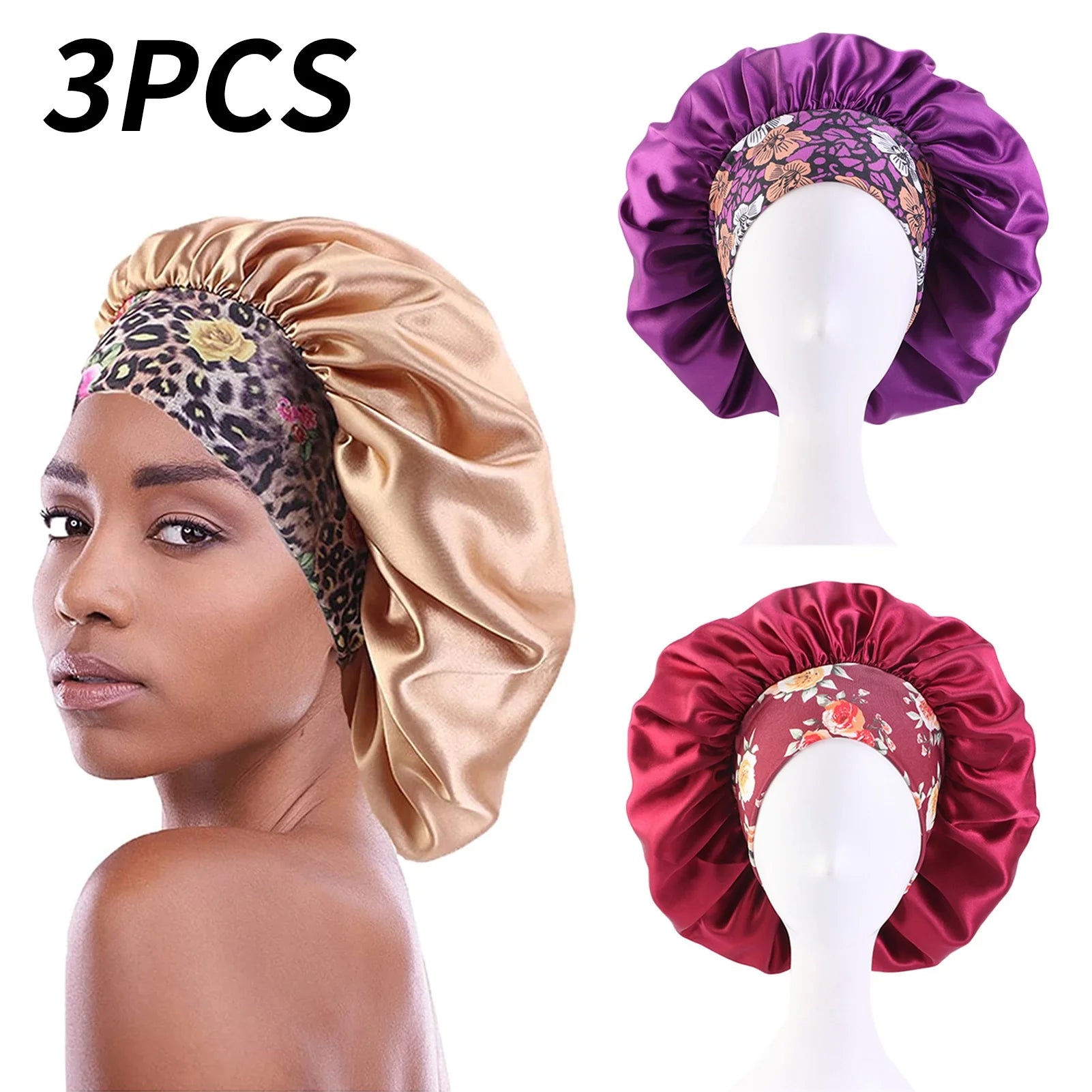 Satin Hair Bonnet 3 Pcs Elastic Wide Band Sleeping Soft Print Caps for Women Multicolor for Long Curly Natural Hair Big Capacity(Red)